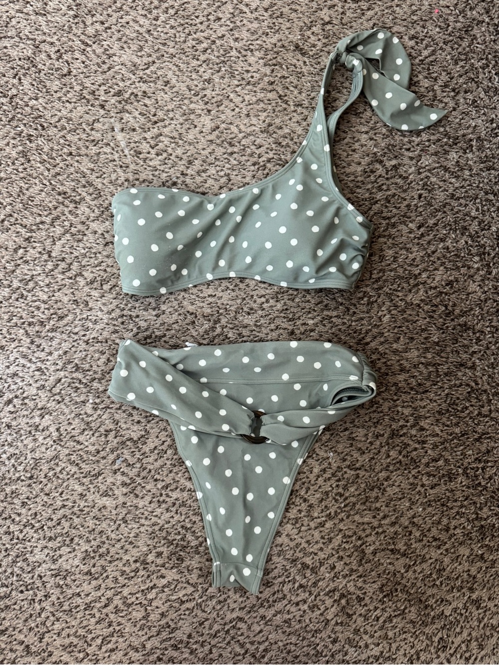A&F One-Shoulder Polka Dot Bikini Set in Sage Green and White